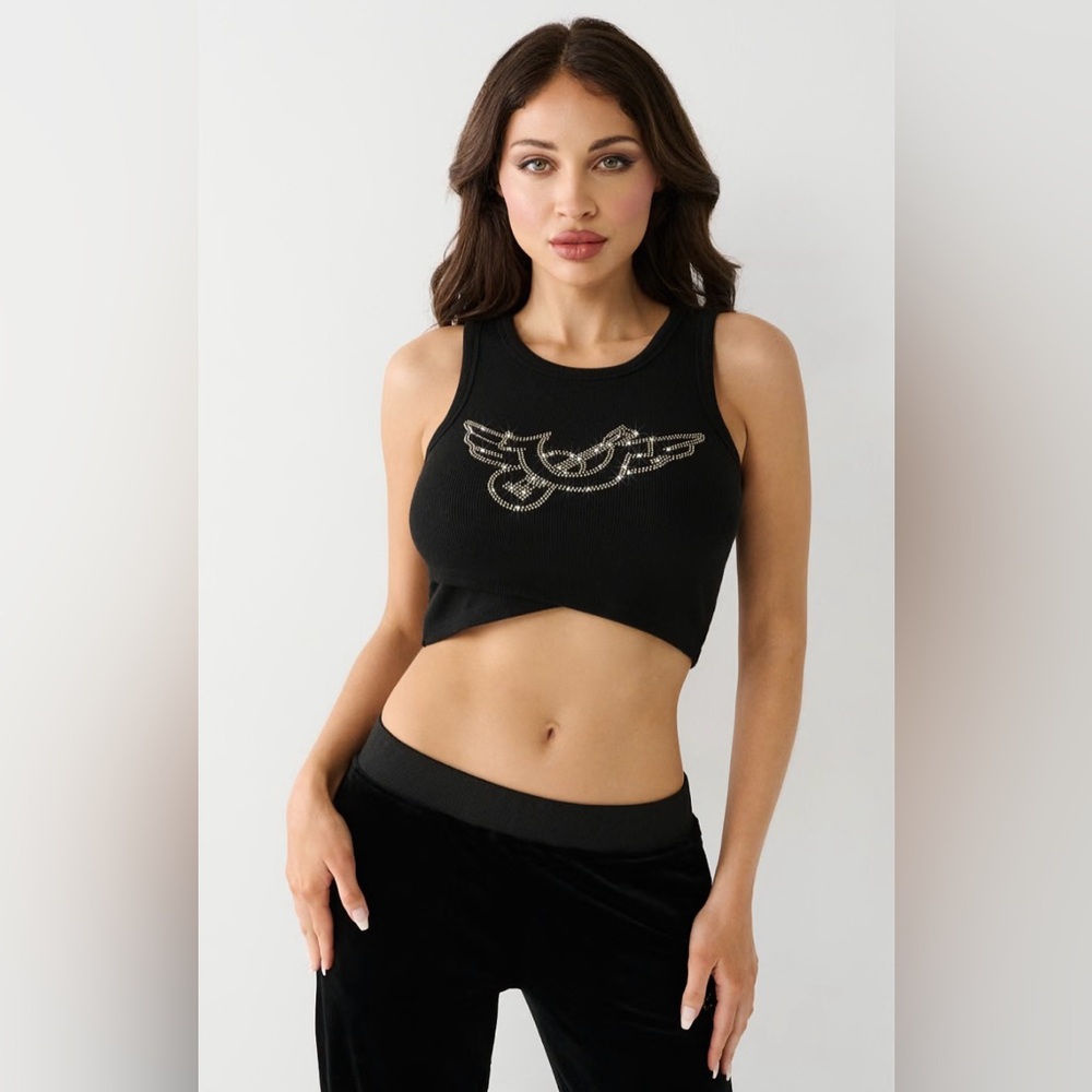 True Religion Crystal Crop Tank Shirt Black Size Small NWT